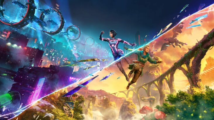 Key art for Split Fiction shows two worlds split by a beam of electric light. Main characters Mio and Zoe, one of them each existing in one of the two worlds, hold hands across the divide.