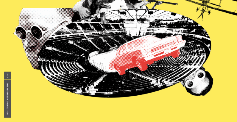 A collage artwork featuring a turntable, 1970s car, and two guys sporting very cool round sunglasses (they pull them off).