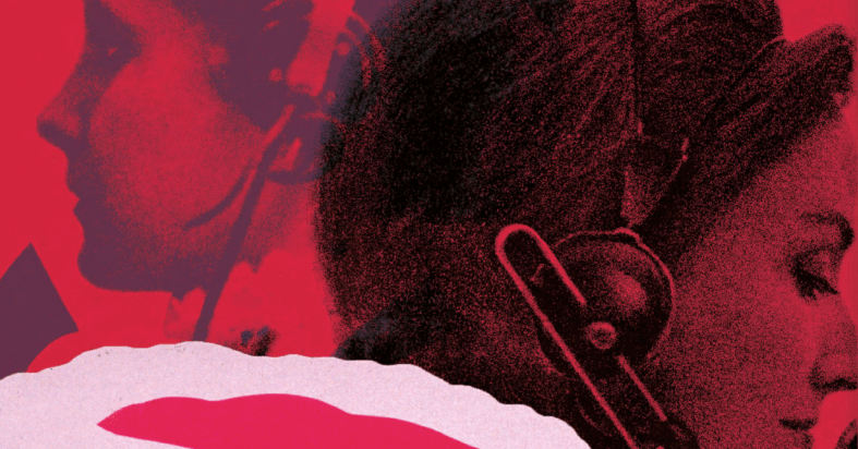 A woman and man bouth in headphones face opposite directions.