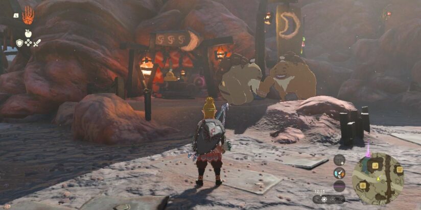 Link stands in front of a shop in Goron City while two residents chat and laugh just outside the door.