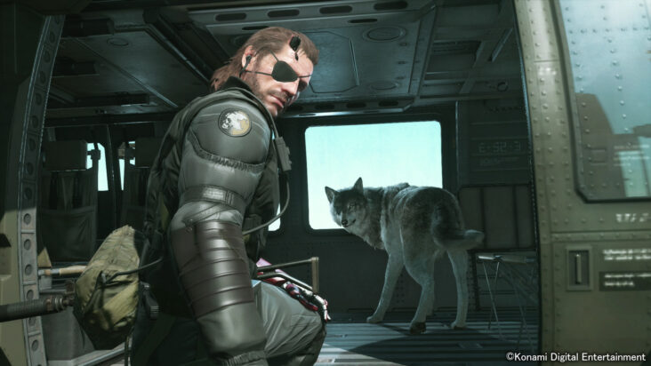 Venom Snake and his wolf friend look back skeptically at the viewer.