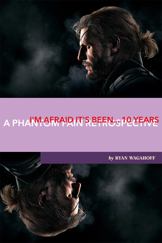 Twin images of Venom Snake are flipped to mirror each other in the inverse in the title art for this month's feature story.