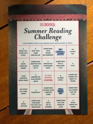 A promo card for Half Price Books' Summer Reading Challenge designed in the style of a BINGO card with spaces to mark for different kinds of books read.