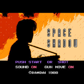 A screenshot of the title screen for Space Shadow, with a shadowy human set against orange fire, holding a submachine gun