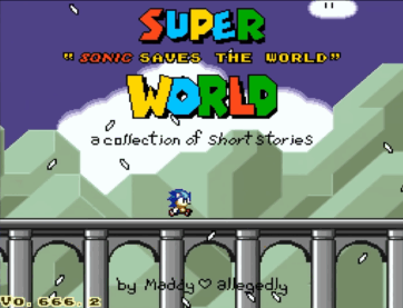 A screenshot of the title screen for Super Sonic Saves the World World with Sonic running on a bridge in super mario world 16 bit graphics