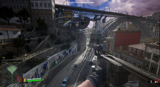 A screenshot from Alpha Response where the player is holding a submachine gun and facing a helicopter above an urban street and bridge with lots of people and targets and mixed use residential buildings