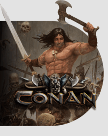 Key art from one of the Monolith Conan games where it's a close up of the barbarian in berserker mode with a sword in one hand and an axe in the other and skeletons facing his rage