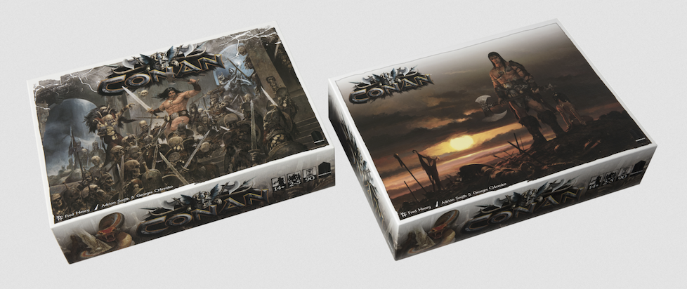 A photograph of two Conan board game boxes, both featuring the shirtless warrior, but one he's facing an army of enemies and the other he stands over their corpses as the sun sets