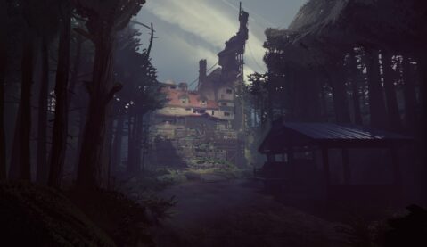 A screenshot from What Remains of Edith Finch as the player approaches the large ramshackle Finch home from the outside streaked with shadow and light and surrounded by trees