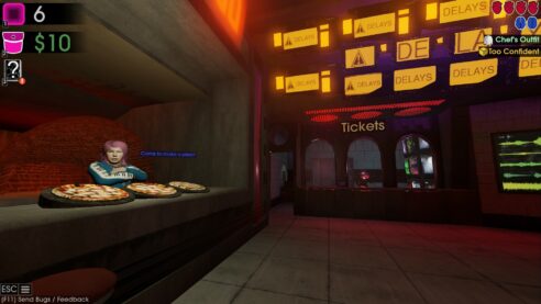 A screenshot from Cosmo D's upcoming game Moves of the Diamond Hand where the player is in a dimly lit shopping zone and someone in a keyboard sleeved sweater is asking if you've come to make a pizza