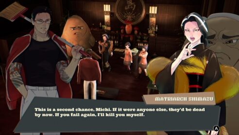 A screenshot from Promise Mascot Agency where the yakuza dude is talking to the Matriarch who looks very annoyed and is threatening to kill him