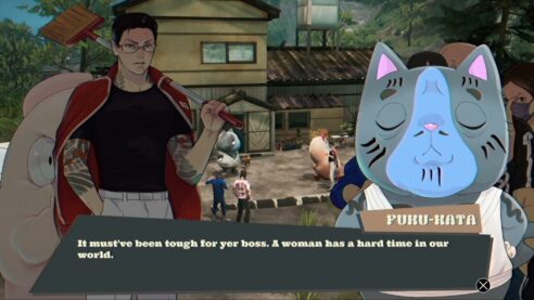 A screenshot from Promise Mascot Agency where a yakuza like guy on the left is talking to a tough looking cat