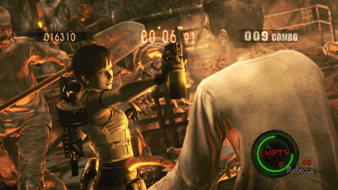A screenshot from Resident Evil 5 Where a woman is facing several zombies and surrouned but she has a can of mace and she's taking no prisoners