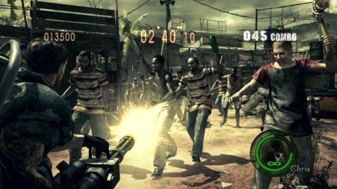 A screenshot from Resident Evil 5 where Chris is mowing down a group of African zombies with a large machine gun and it doesn't look great