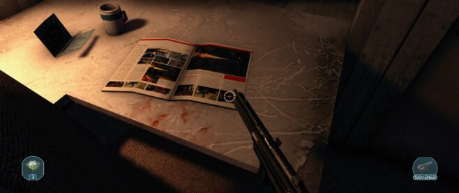 Another screenshot from the Thing Remastered where the player is holding a shotgun and looking at a magazine talking about The thing on a table