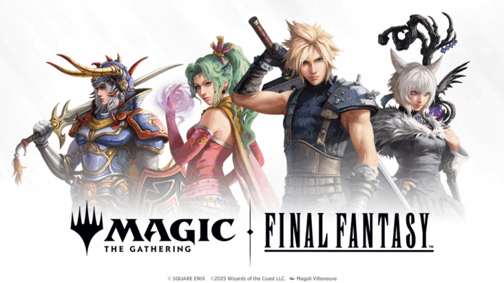 Promo art from the Magic the Gathering and Final Fantasy collab shows several FF characters posing in their sexy armor with their cool equipment.