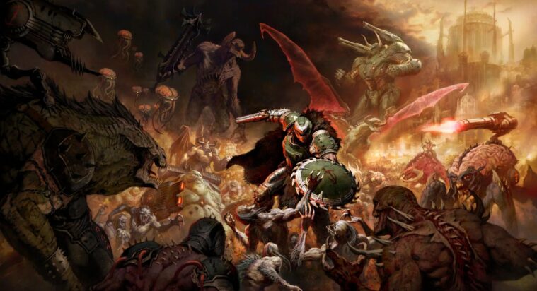 Key art for Doom: The Dark Ages where the Doom guy is in his green armor but it's kind of medieval with spikes and a cool wolf mane and he's fighting off a horde of undead with a big ol' sword.