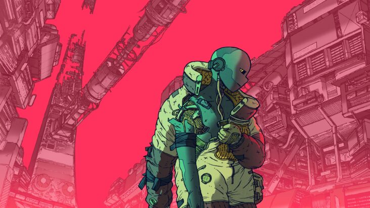 The android from Citizen Sleeper 2 moves among the wreckage of a large machine, clutching their half-disrobed jumpsuit to their chest.