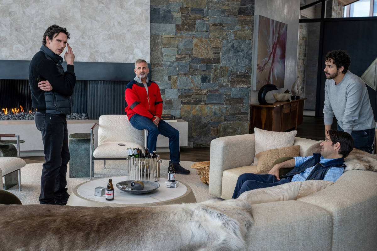 The four main characters of Mountainhead hang out in the well-appointed living room of a mountain cabin.