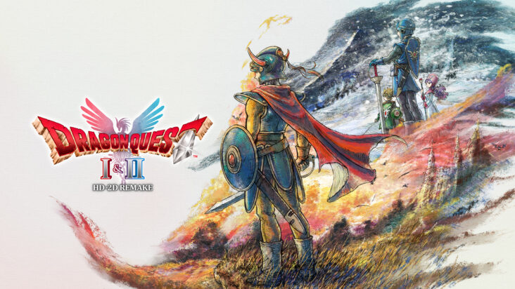 Key art from Dragon Quest I&II HD-2D Remake shows two adventurers, laden with weapons and shields, staring stoically into the distance.