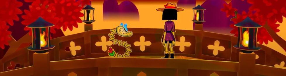 Kulebra stands with a friend on a wooden bridge, gazing out at a sunset.