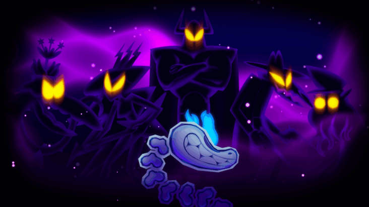 Kulebra grins uneasily as several hulking figures with glowing eyes stare down at him in this nighttime scene.