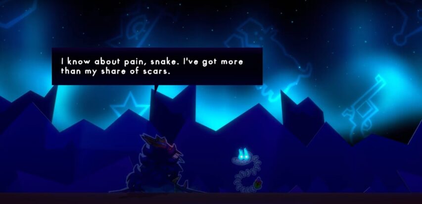 Under a constellation-filled night sky, Kulebra speaks with a friend who says, "I know about pain, snake. I've got more than my share of scars."