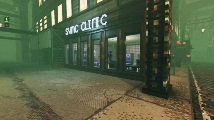 A screenshot from Shadows of Doubt shows a building on a dark street corner with a sign reading "Sync Clinic."