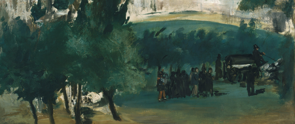 Detail from Manet's The Funeral show a small group of mourners gathered under dark trees.