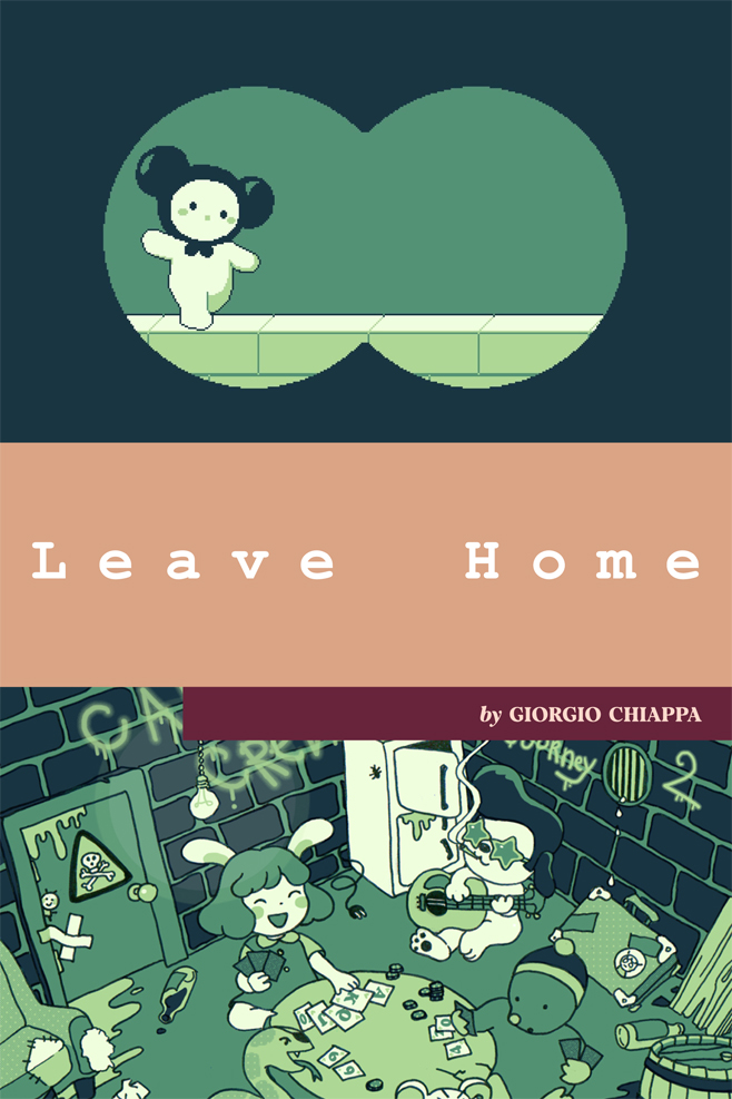 Title art for Giorgio Chiappa's feature story "Leave Home" features screenshots of characters from Melon Journey: Bittersweet Memories in a suburban setting: on balancing atop a short brick wall and another group hanging out in a basement rec room.