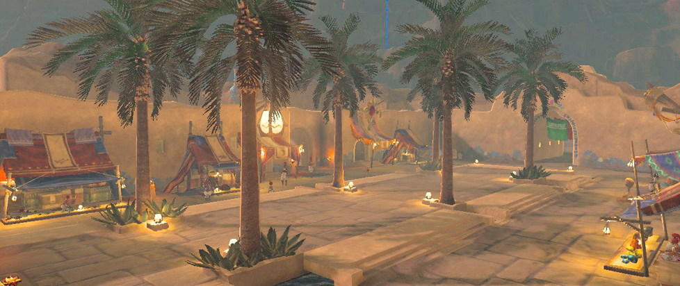 A screenshot from Breath of the Wild shows a wide-angle view of Gerudo Town with several palm trees and market stalls situated around a plaza.