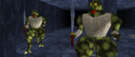 A screenshot from King's Field shows two frog-like adventurers exploring a dark tunnel, swords aloft.