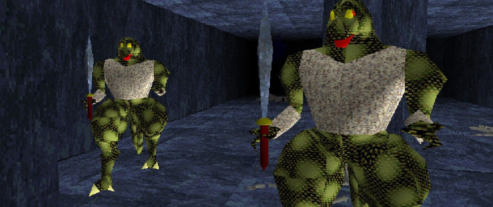 A screenshot from King's Field shows two frog-like adventurers exploring a dark tunnel, swords aloft.