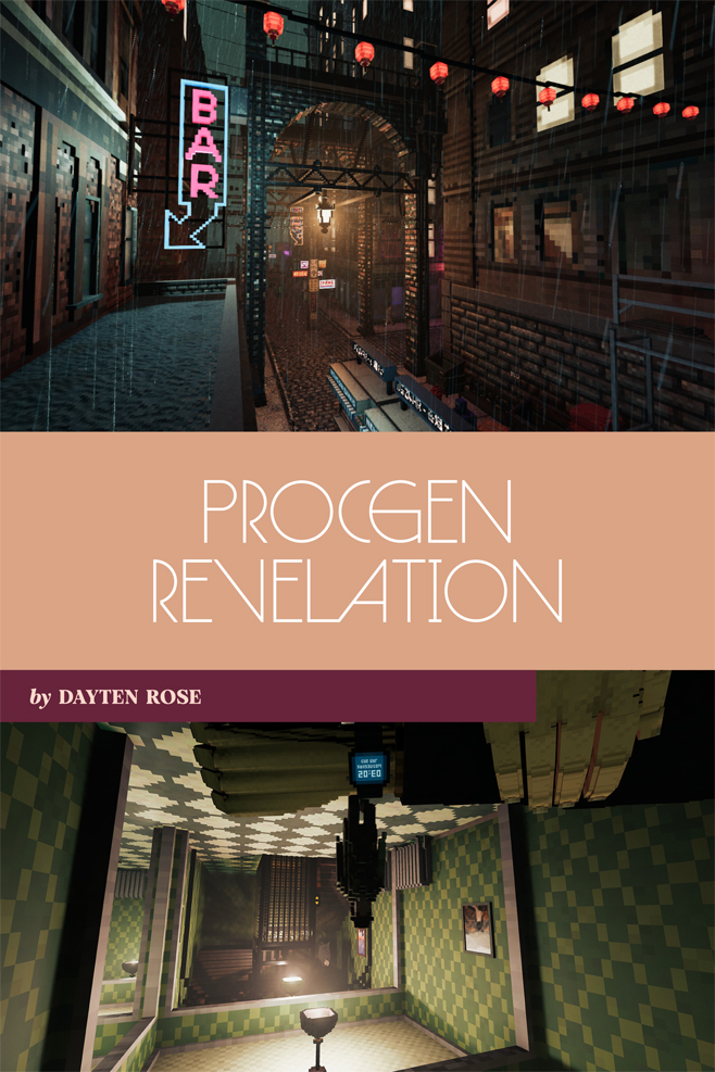 The title card for Dayten Rose's feature "Procgen Revelation" shows two screenshots from Shadows of Doubt – one of a rainy alleyway with a neon-lit bar sign hanging from a brick building, and another inverted shot of a man in a trenchcoat and fedora walking down a dimly lit hotel hallway.
