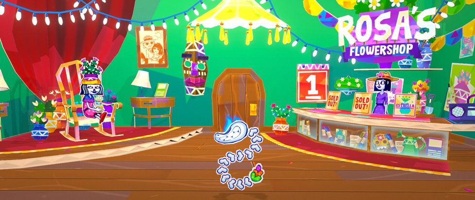 A screenshot from Kulebra and the Souls of Limbo shows Kulebra perusing the wares of Rosa's Flower Shop.