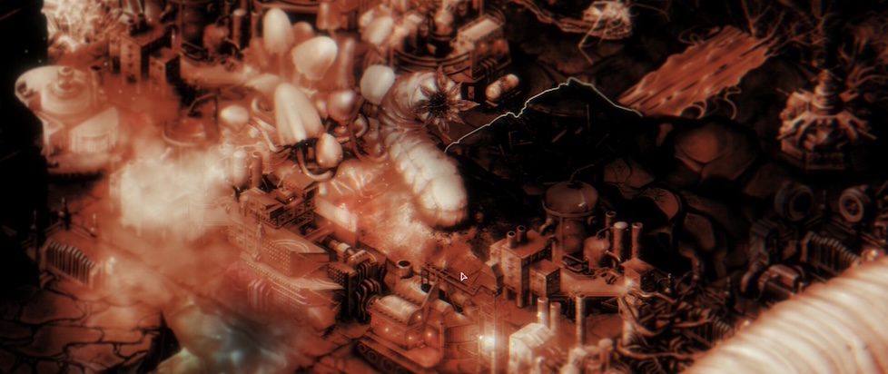 A screenshot from Anoxia Station without any user interface elements so you see a red isometric map of mushrooms, industry pipes and buildings, and a giant worm, all cozied up together