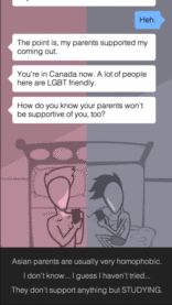 A screenshot from Coming Out Simulator showing two sides of a text conversation that the player is choosing options for, with the recipient talking about getting support when coming out, and the complications family brings to that