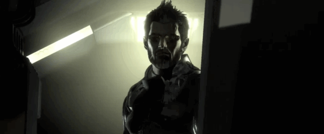 A screenshot from Deus Ex Mankind Divided where Adam Jensen is facing the viewer with his cool cyber shades and hidden in shadow
