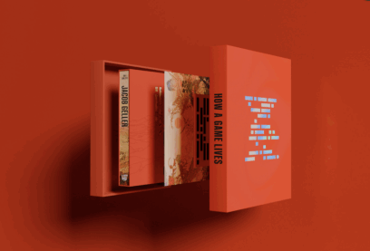 A photo of one of the deluxe editions of How a Game Lives with the book in a slipcase with a print of the cover and some other stuff all set in a large red box with foil stamping on the front
