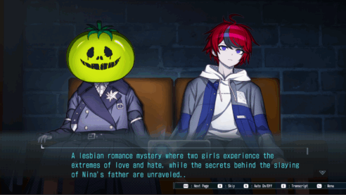 A screenshot from The Hundred Line where Kurara the green tomato head is sitting next to the red head protagonist watching a lesbian romance