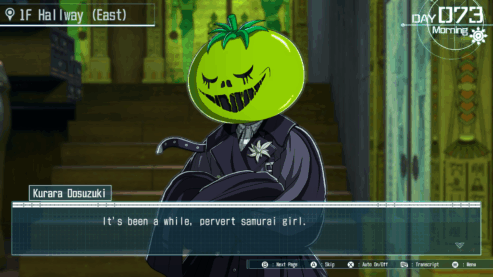 A screenshot from The Hundred Line where green tomato Kurara is smiling and saying that it's been a while to her pervert samurai friend