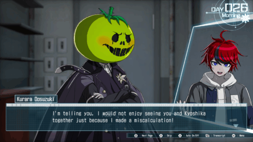 A screenshot from The Hundred Line where Green Tomato Head Kurara is telling the red head protagonist that she doesn't want to see him with Kyoshika