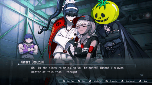 A screenshot from The Hundred Line where Kurara and others are giving a friendly massage to a female friend and Kurara is saying that her massage is so pleasurable it brings the friend to tears