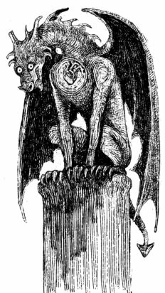 A pen-and-ink drawing of a gargoyle sitting on a stone column, glaring at the viewer warily.