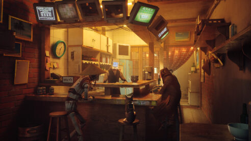 A screenshot from Stray where the kitty is sitting on a stool in a noodle bar with many TVs above and a robot chef looking down curiously as two other robots mimic the end of a hard day's work