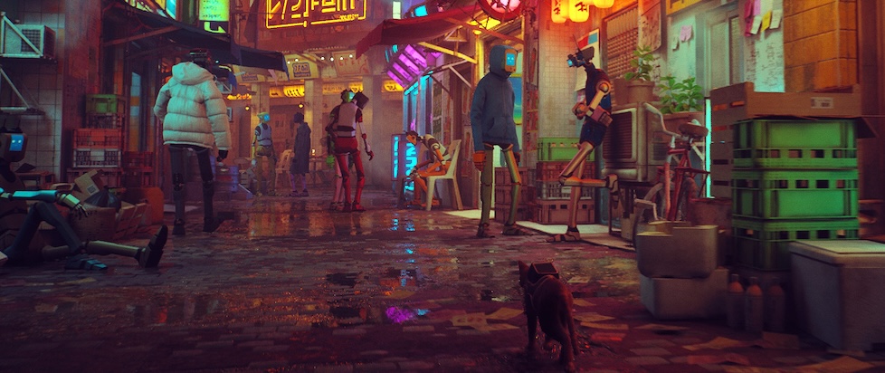 A screenshot from Stray where a kitty with a backpack is wandering through a dirty neon lit alleyway with many robots hanging out and talking or just vibing