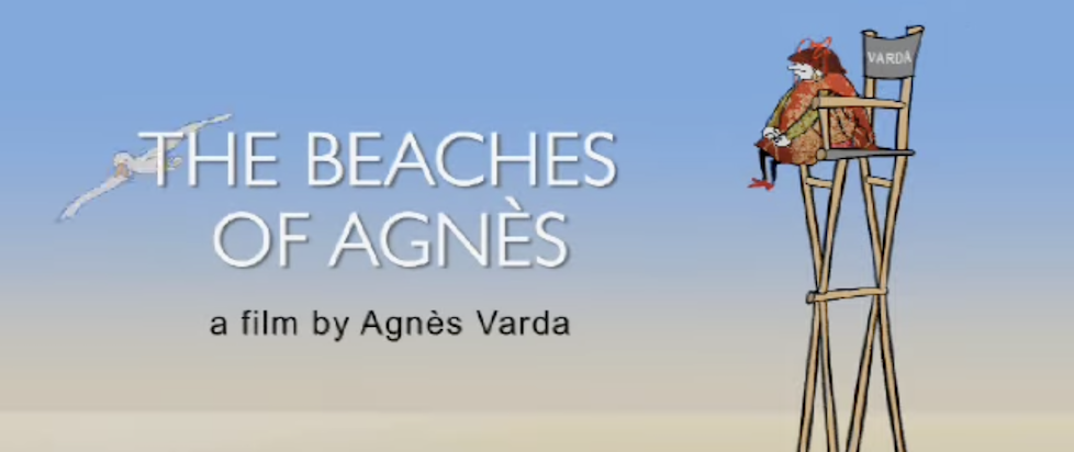 A still from The Beaches of Agnes, a film by Agnes Varda, with a comic drawing of the director sitting on a very tall director chair in a red jumper staring at the water and a seagull