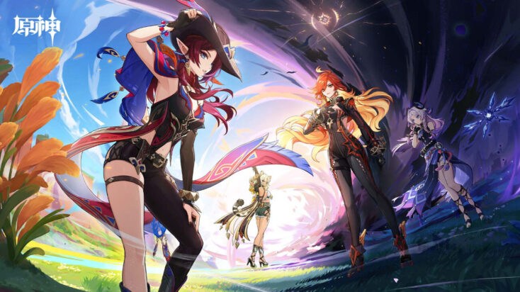 Four witchy characters from Genshin Impact stand in front of what looks like a huge portal swirling night into day.