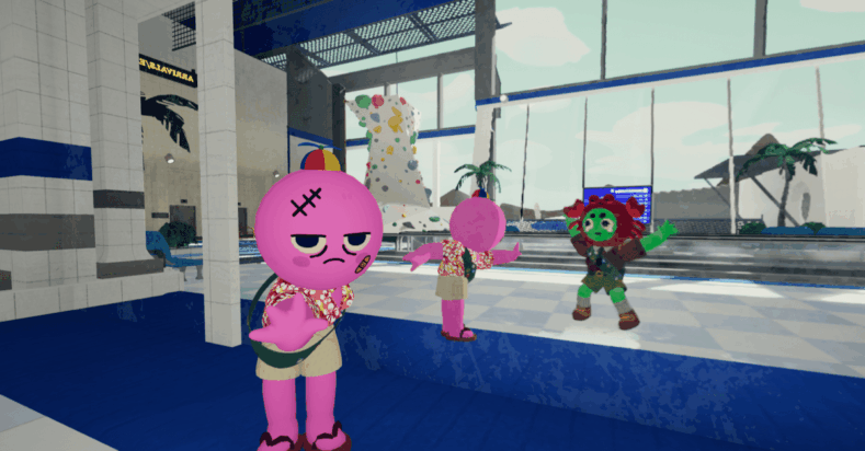 A character from Peak with prominent stitches on their forehead holds an outstretched hand towards another character wearing a crab-shaped hood in what appears to be a resort yoga studio.