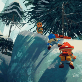 Three characters from Peak climb a snowy rock under giant evergreen trees.